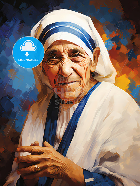 Mother Teresa - A Painting Of A Woman In A White Robe With Blue Stripes