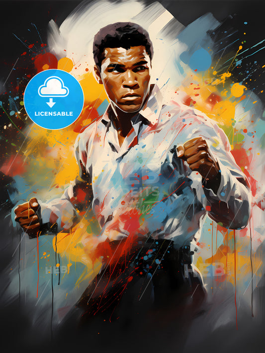 Muhammed Ali - A Man With Fists In Front Of A Colorful Background