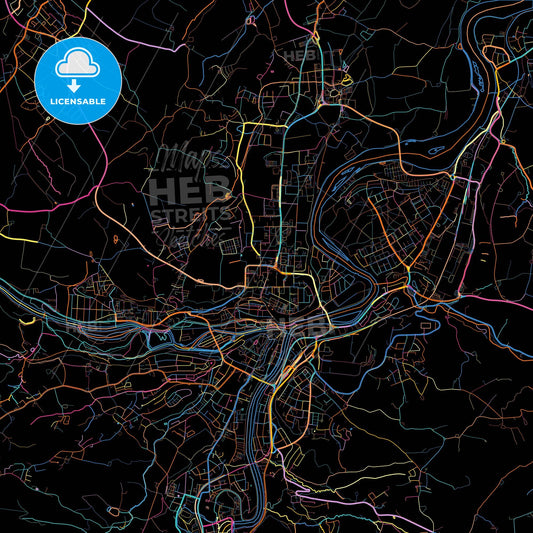 Steyr, Upper Austria, Austria, colorful city map on black background