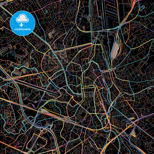 Ghent, East Flanders, Belgium, colorful city map on black background