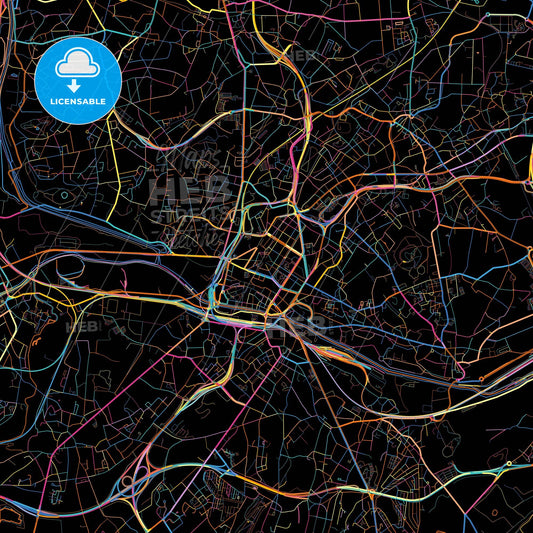 Charleroi, Hainaut, Belgium, colorful city map on black background