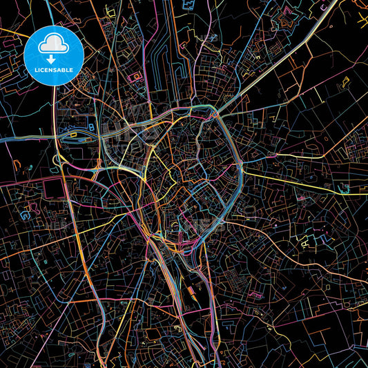 Bruges, West Flanders, Belgium, colorful city map on black background