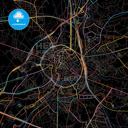 Leuven, Flemish Brabant, Belgium, colorful city map on black background