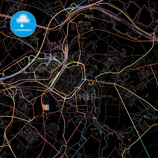 Mons, Hainaut, Belgium, colorful city map on black background