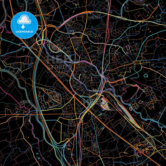 Mechelen, Antwerp, Belgium, colorful city map on black background