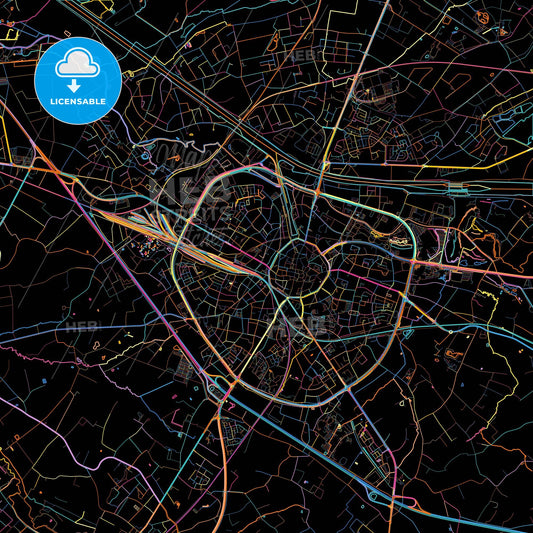 Hasselt, Limburg, Belgium, colorful city map on black background