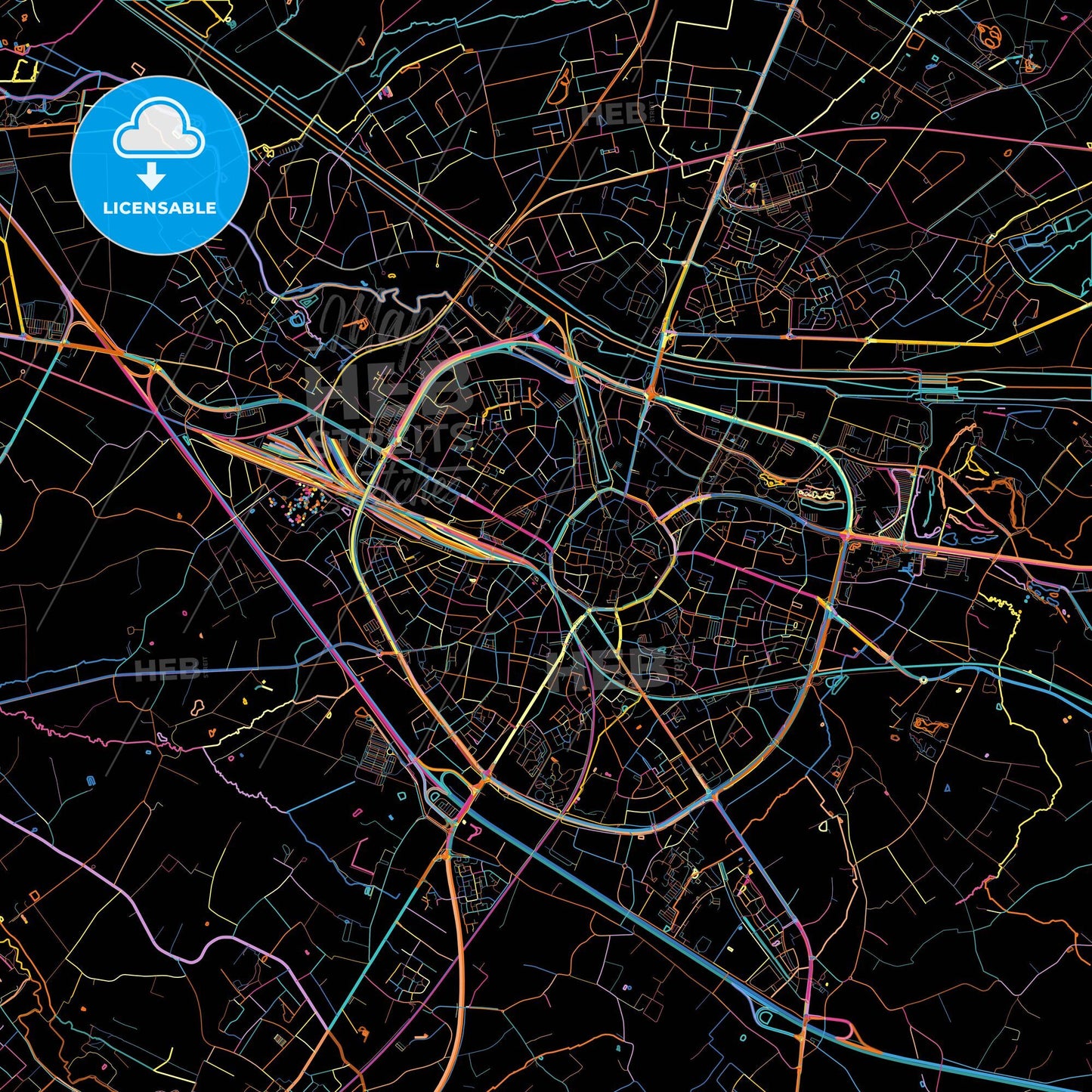 Hasselt, Limburg, Belgium, colorful city map on black background