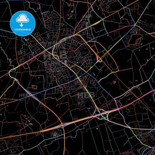 Sint-Niklaas, East Flanders, Belgium, colorful city map on black background