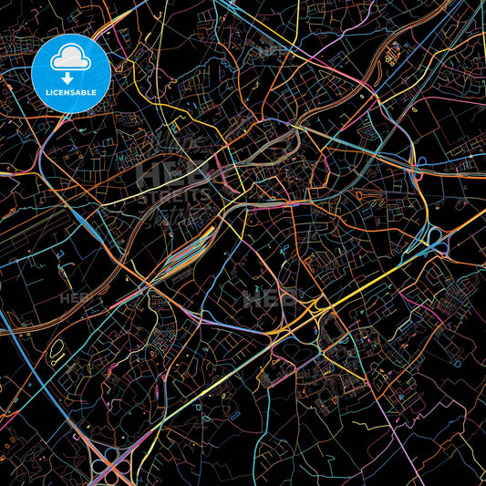 Kortrijk, West Flanders, Belgium, colorful city map on black background