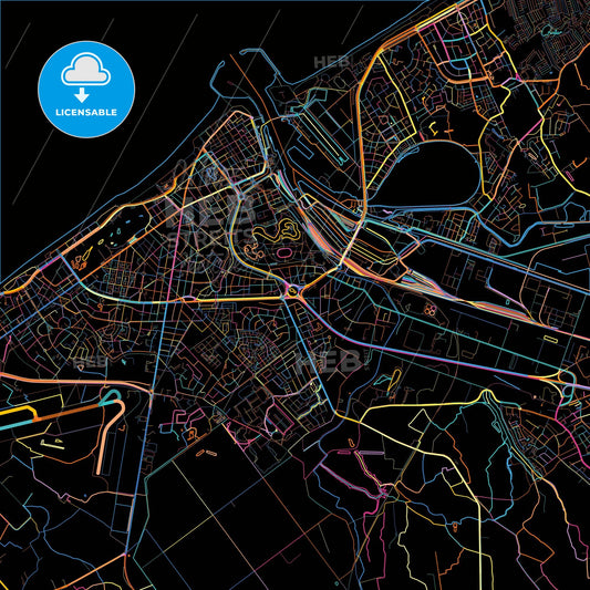 Ostend, West Flanders, Belgium, colorful city map on black background