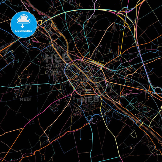 Tournai, Hainaut, Belgium, colorful city map on black background