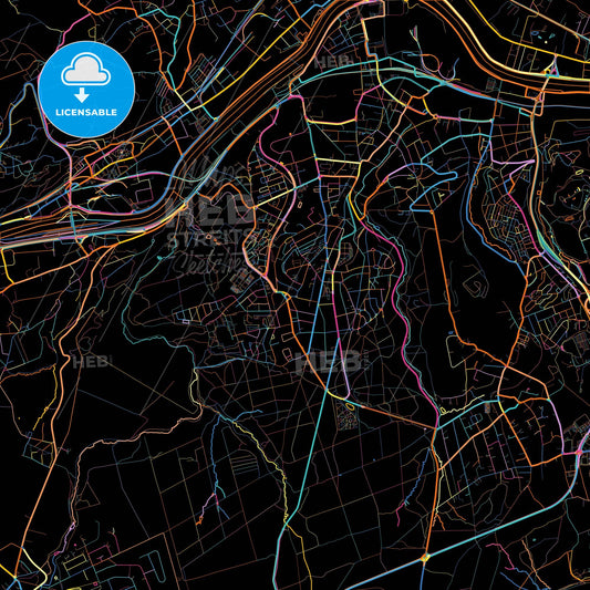 Seraing, Liège, Belgium, colorful city map on black background