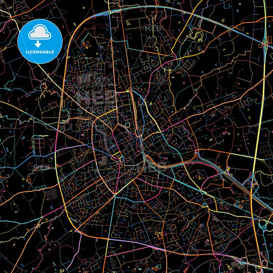 Roeselare, West Flanders, Belgium, colorful city map on black background