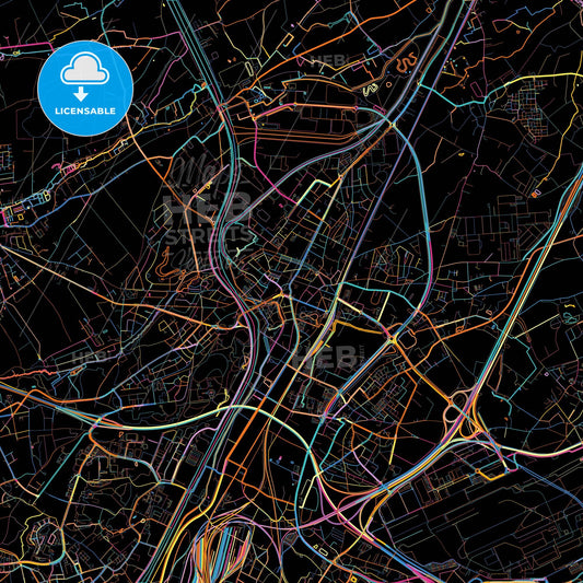 Vilvoorde, Flemish Brabant, Belgium, colorful city map on black background