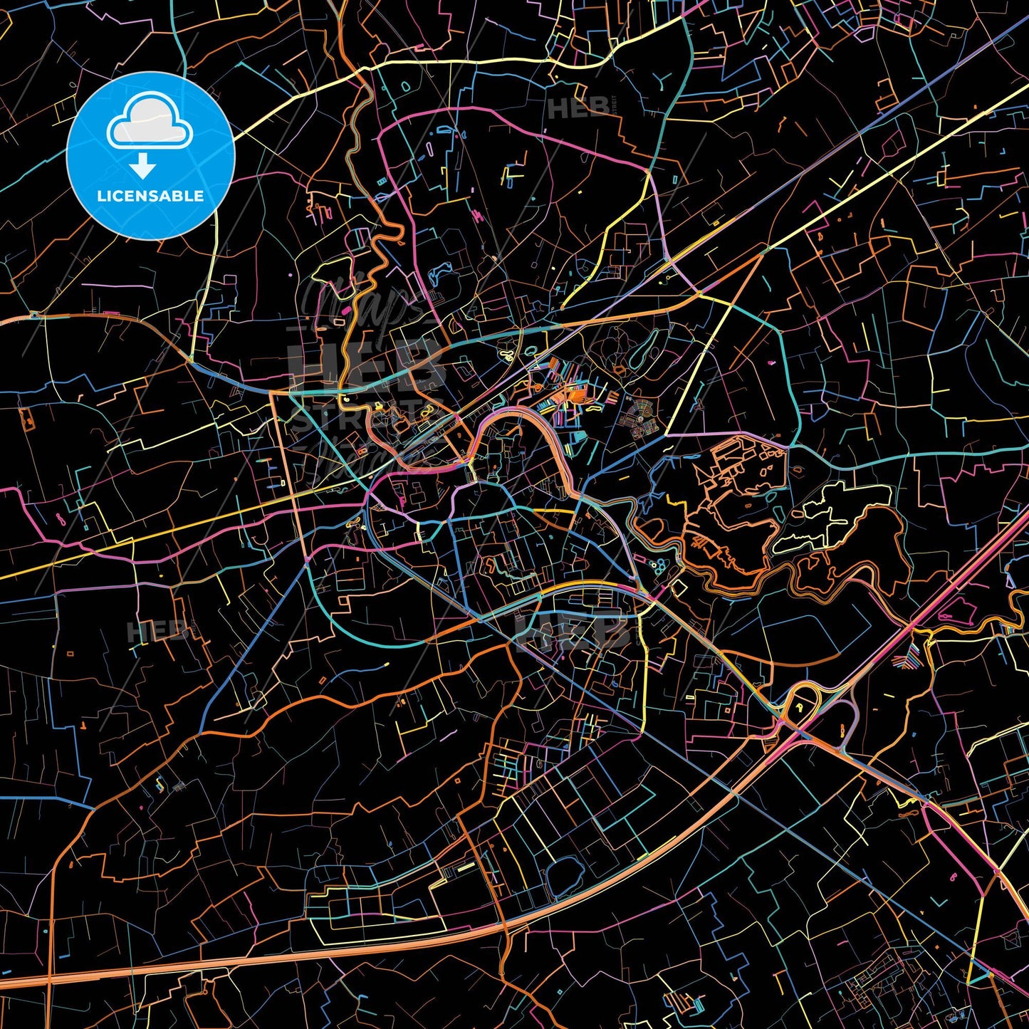 Lokeren, East Flanders, Belgium, colorful city map on black background