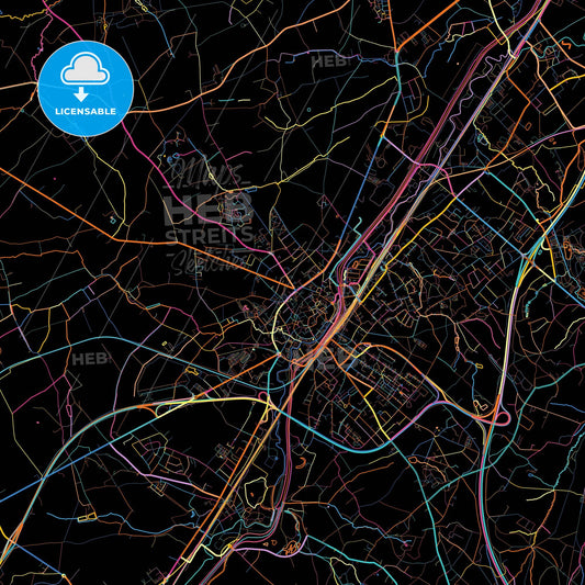 Halle, Flemish Brabant, Belgium, colorful city map on black background