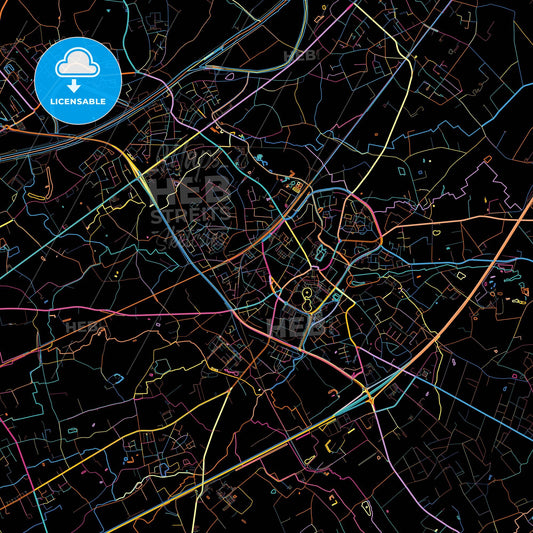 Waregem, West Flanders, Belgium, colorful city map on black background