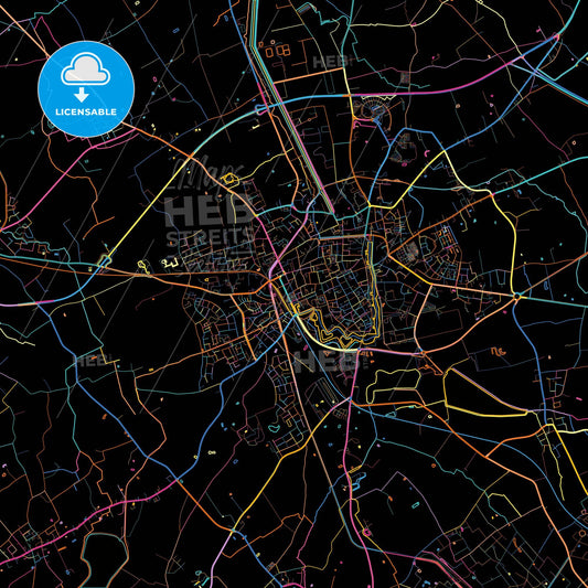 Ypres, West Flanders, Belgium, colorful city map on black background