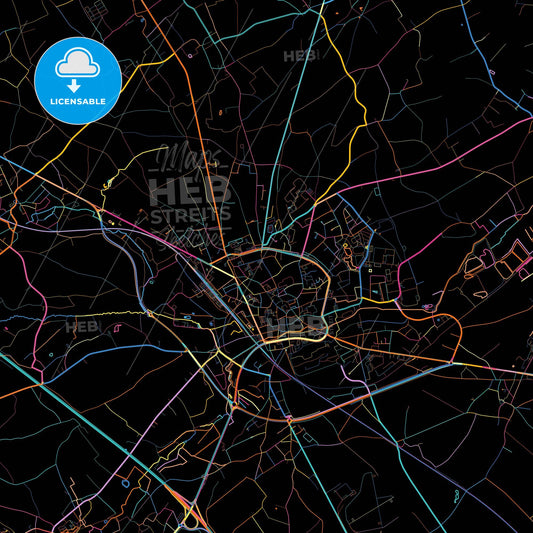 Tienen, Flemish Brabant, Belgium, colorful city map on black background