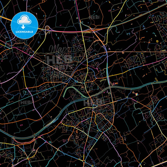 Menen, West Flanders, Belgium, colorful city map on black background