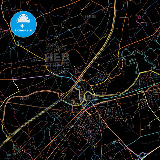 Deinze, East Flanders, Belgium, colorful city map on black background