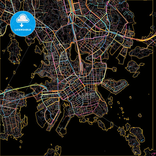 Helsinki, Finland, colorful city map on black background