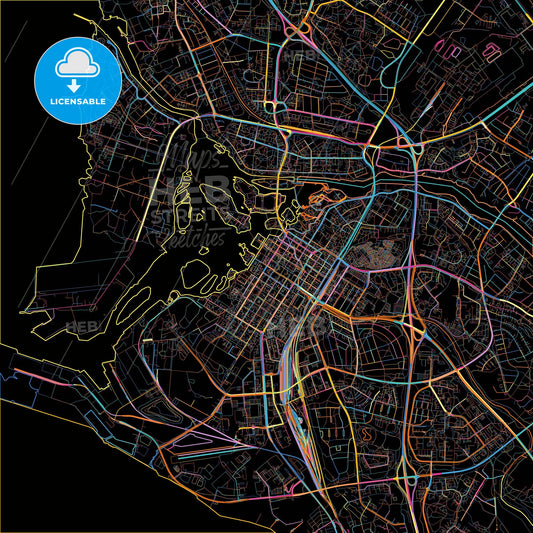 Oulu, Finland, colorful city map on black background