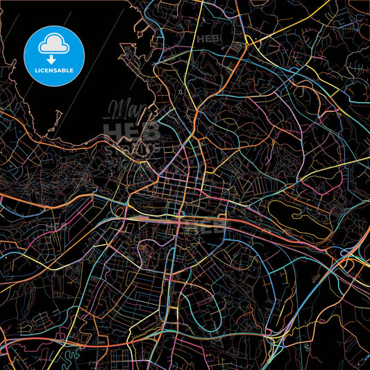 Lahti, Finland, colorful city map on black background