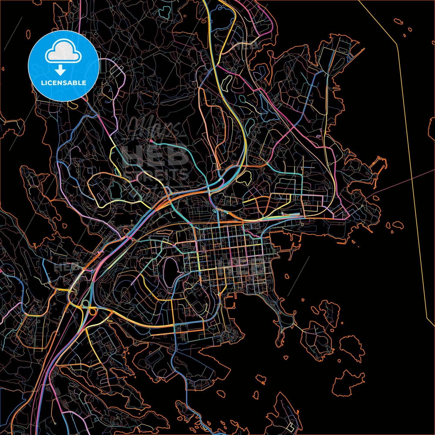 Kuopio, Finland, colorful city map on black background