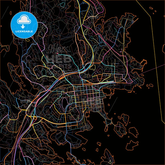 Kuopio, Finland, colorful city map on black background