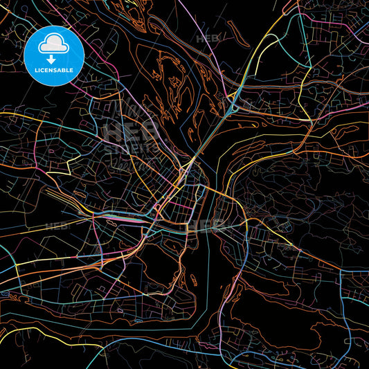 Rovaniemi, Finland, colorful city map on black background