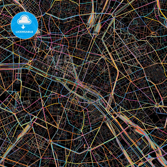 Paris, Paris, France, colorful city map on black background