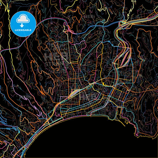 Nice, Alpes-Maritimes, France, colorful city map on black background