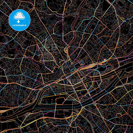 Nantes, Loire-Atlantique, France, colorful city map on black background