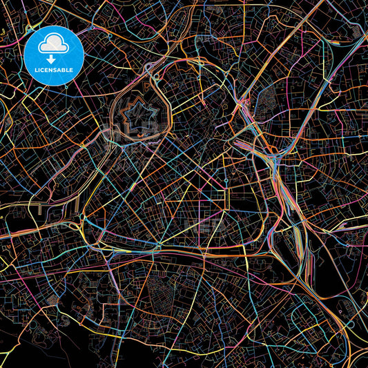 Lille, Nord, France, colorful city map on black background