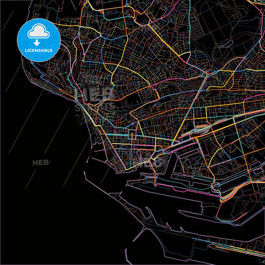 Le Havre, Seine-Maritime, France, colorful city map on black background
