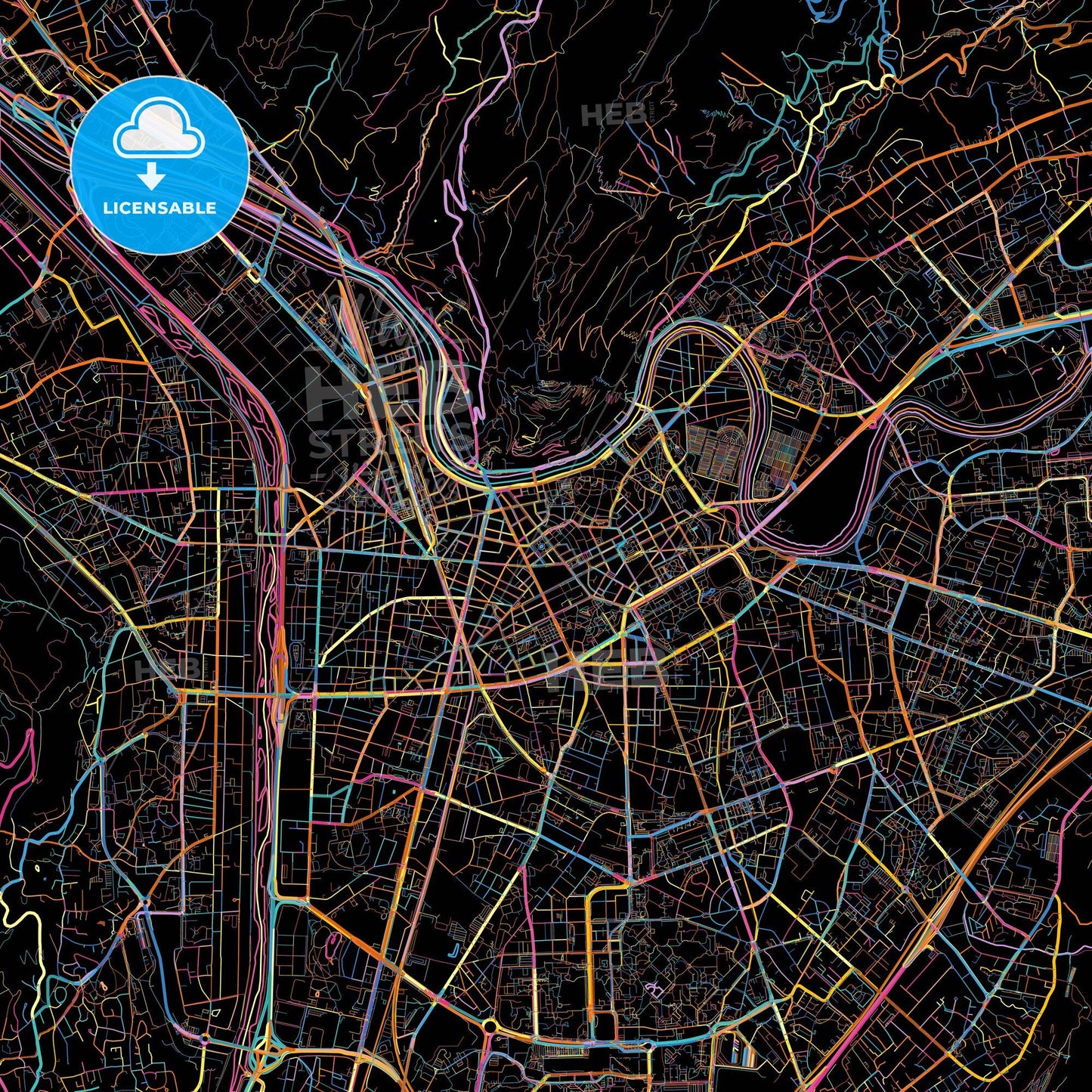 Grenoble, Isère, France, colorful city map on black background