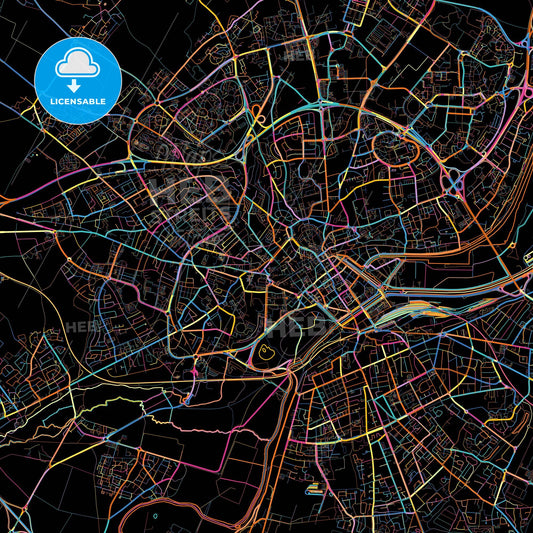 Caen, Calvados, France, colorful city map on black background