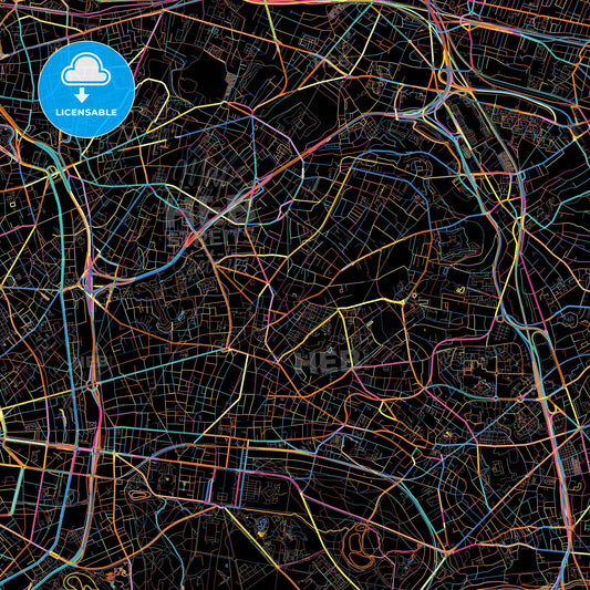 Montreuil, Seine-Saint-Denis, France, colorful city map on black background