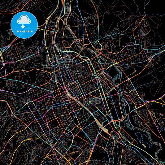 Nancy, Meurthe-et-Moselle, France, colorful city map on black background
