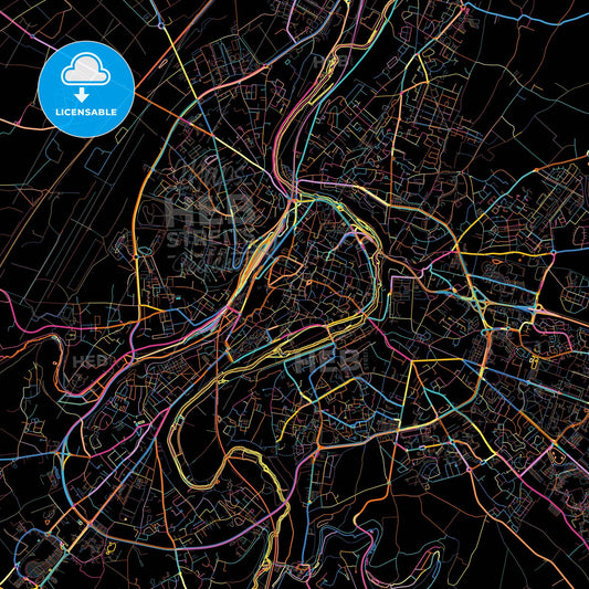 Poitiers, Vienne, France, colorful city map on black background