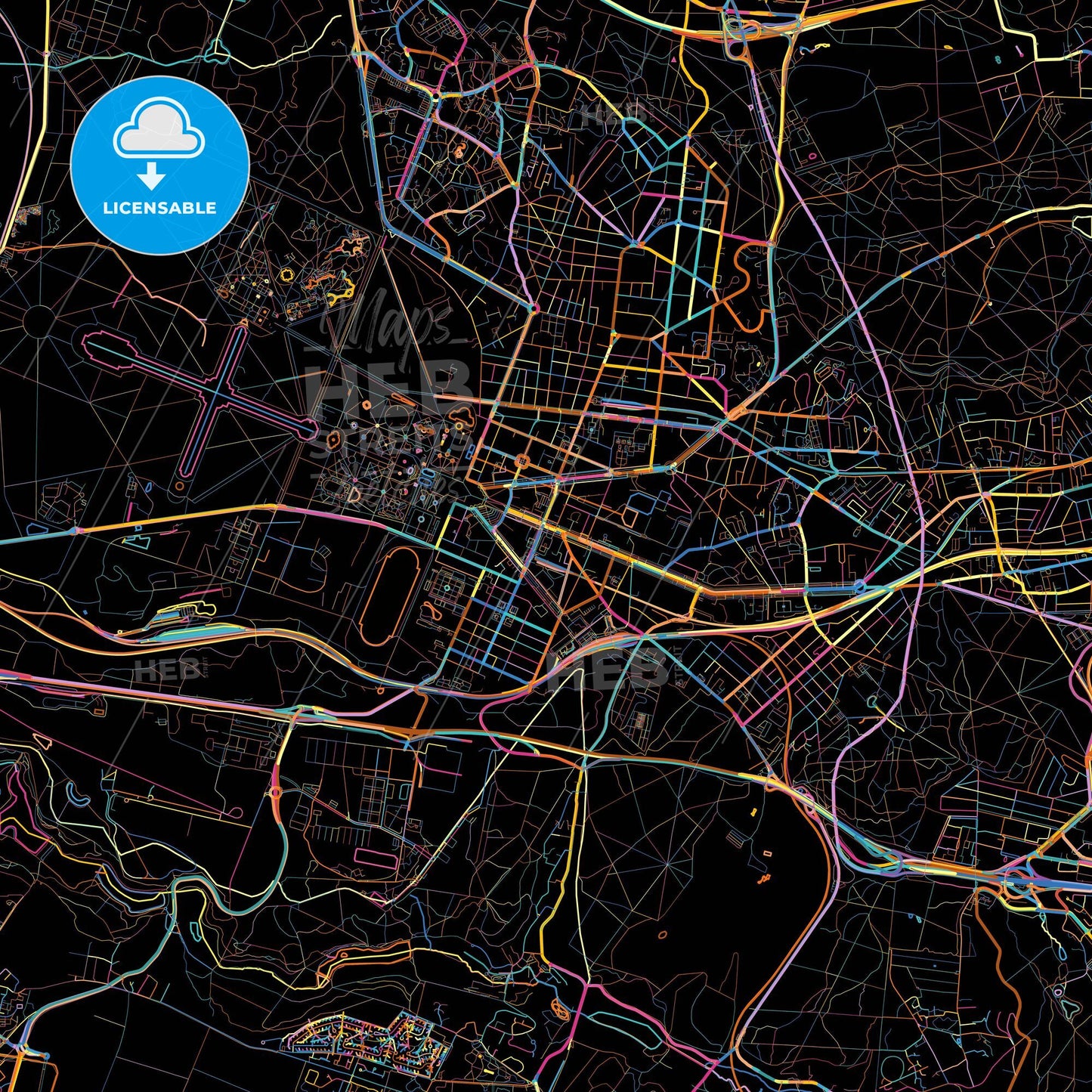Versailles, Yvelines, France, colorful city map on black background
