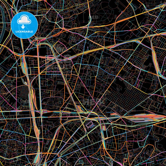 Aubervilliers, Seine-Saint-Denis, France, colorful city map on black background