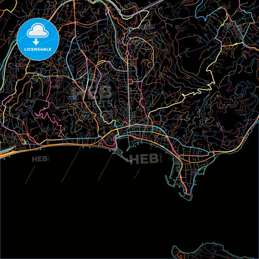 Cannes, Alpes-Maritimes, France, colorful city map on black background