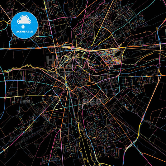 Bourges, Cher, France, colorful city map on black background