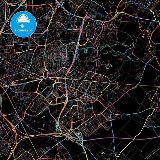 Villeneuve-d Ascq, Nord, France, colorful city map on black background