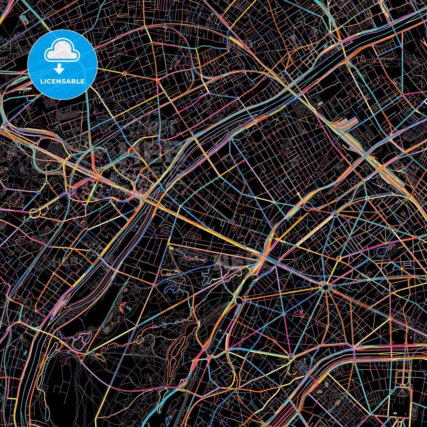 Neuilly-sur-Seine, Hauts-de-Seine, France, colorful city map on black background