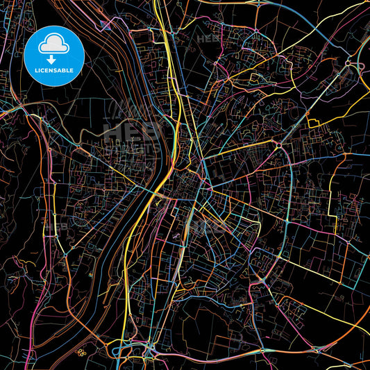 Valence, Drôme, France, colorful city map on black background