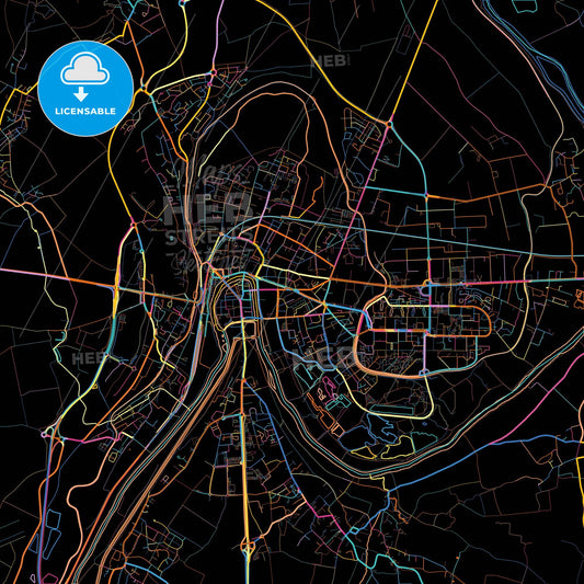 Meaux, Seine-et-Marne, France, colorful city map on black background