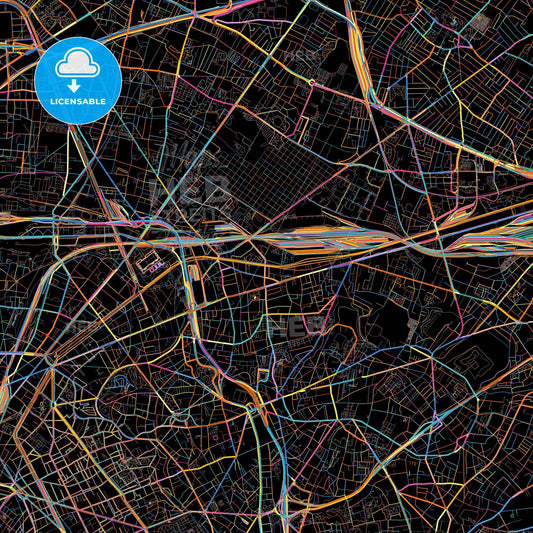 Pantin, Seine-Saint-Denis, France, colorful city map on black background